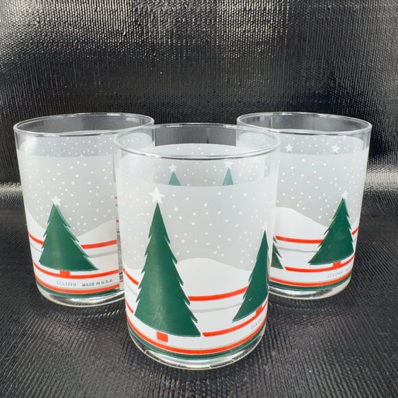 Vintage Culver Made In USA Glassware Cups Lowball Glasses Tumblers Set 3 Trees - Picture 10 of 11